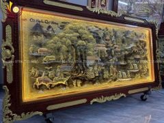 Tranh Đồng Quê Cội Nguồn Quê Hương Nền Vàng Cạo Xước - Khung Hoa Tây Dát Vàng KT 230*120cm