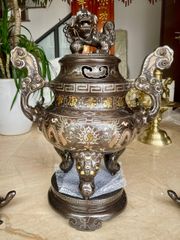 Bộ Đỉnh Đồng Ngũ Sự Đồng Đỏ Khảm Tam Khí Song Long Chầu Nguyệt Cao 60 Cm (hàng VIP có vàng 9999)