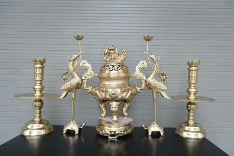 Bộ Đỉnh Đồng Ngũ Sự Đồng Cát Tút Song Long Chầu Nguyệt Cao 60 Cm