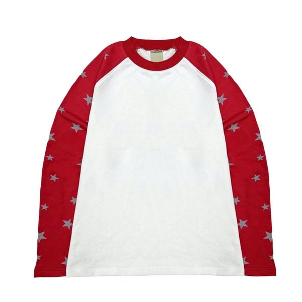  Áo Nỉ Raglan Tay Dài Hoạ Tiết Ngôi Sao MADMIND D14 - Màu Trắng Phối Tay Đỏ 