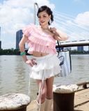  MADMIND [ MẶC 4 KIỂU ] Áo Nữ Trễ Vai Nhún 3 Tầng  PUDDING TOP - Áo Lệch Vai Mùa Hè Đi Biển Màu Hồng 