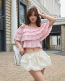  MADMIND [ MẶC 4 KIỂU ] Áo Nữ Trễ Vai Nhún 3 Tầng  PUDDING TOP - Áo Lệch Vai Mùa Hè Đi Biển Màu Hồng 