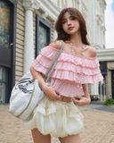  MADMIND [ MẶC 4 KIỂU ] Áo Nữ Trễ Vai Nhún 3 Tầng  PUDDING TOP - Áo Lệch Vai Mùa Hè Đi Biển Màu Hồng 