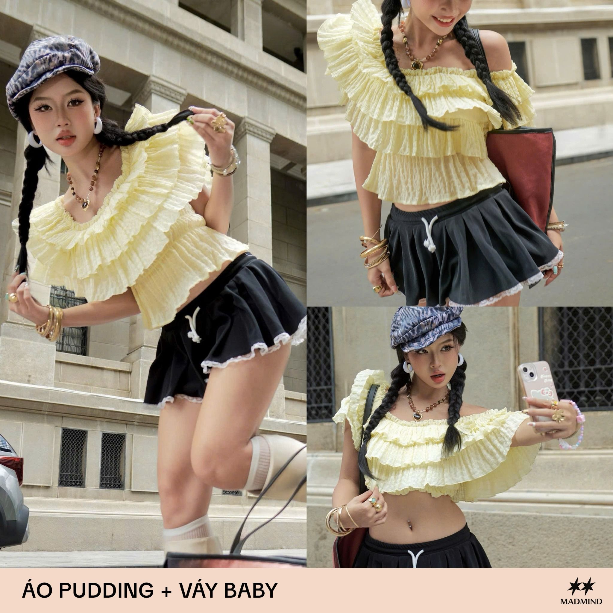  [ MẶC 4 KIỂU ] Áo Nữ Trễ Vai PUDDING MADMIND - Màu Vàng Nhạt 