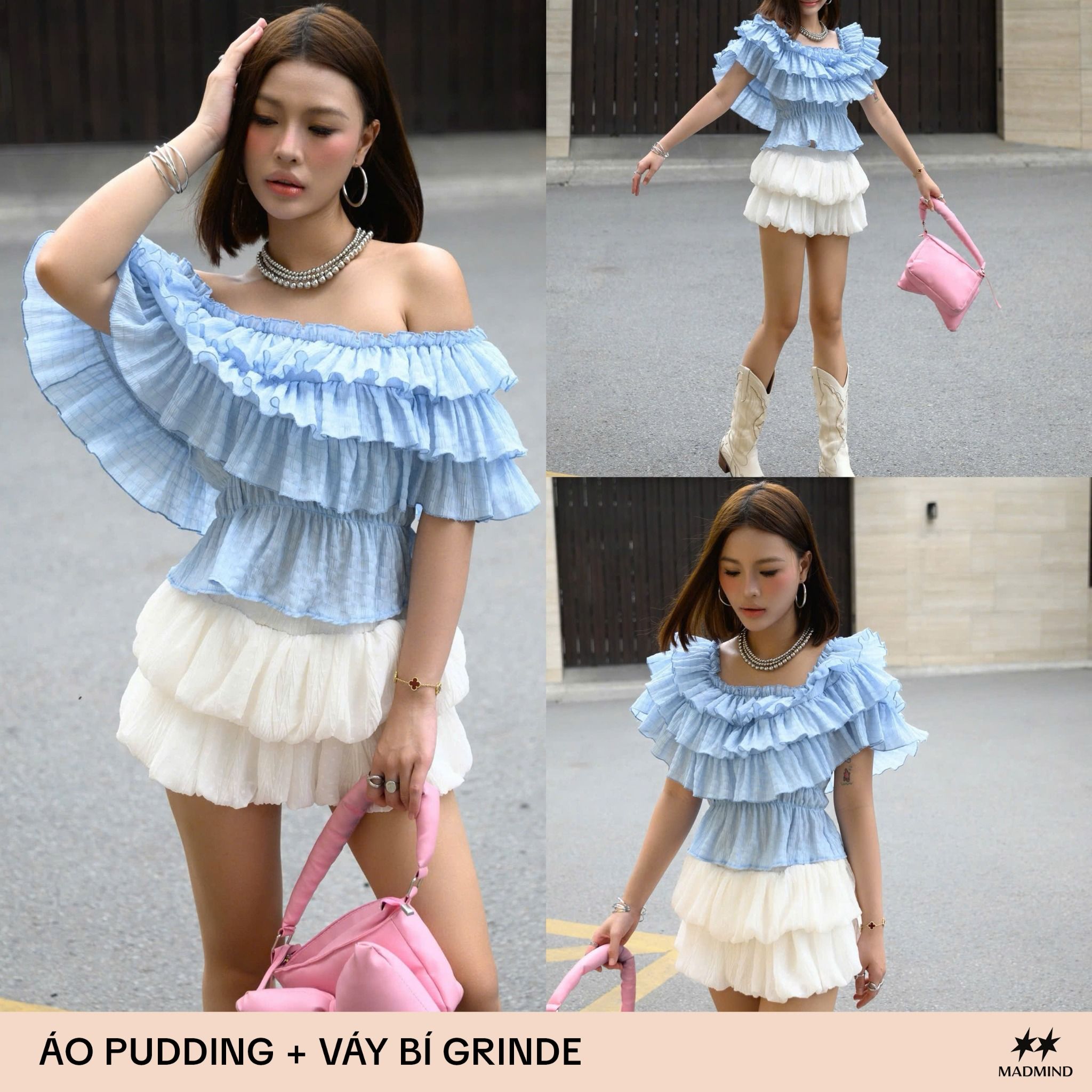  [ MẶC 4 KIỂU ] Áo Nữ Trễ Vai PUDDING MADMIND - Màu Xanh Biển 