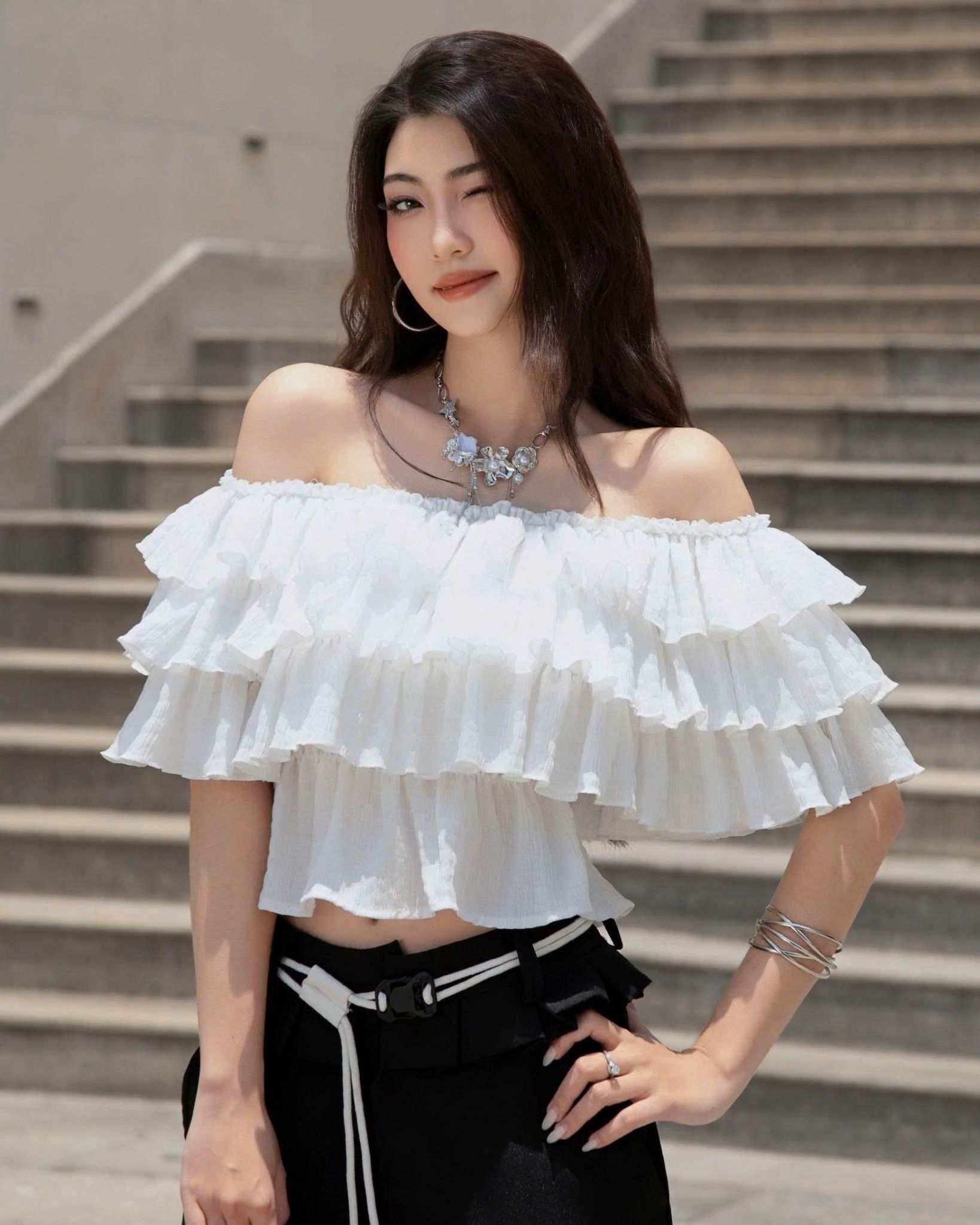  [ MẶC 4 KIỂU ] Áo Nữ Trễ Vai PUDDING MADMIND - Màu Trắng 