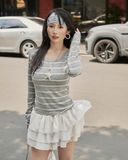  Áo Suông Tay Dài Cổ Thuyền / Trễ Vai MADMIND D10 - Màu Xám Sọc 