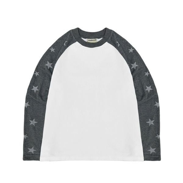  Áo Nỉ Raglan Tay Dài Hoạ Tiết Ngôi Sao MADMIND D14 - Màu Trắng Phối Tay Xám 