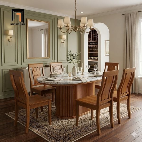 bộ bàn ăn đá 6 ghế gỗ cao su