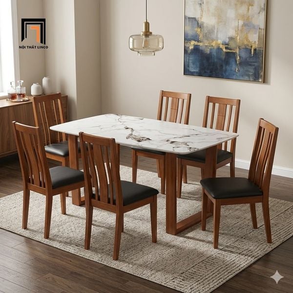 bộ bàn ghế ăn mặt đá 6 chỗ