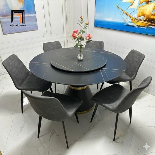 bộ bàn ăn đá ceramic tròn đen