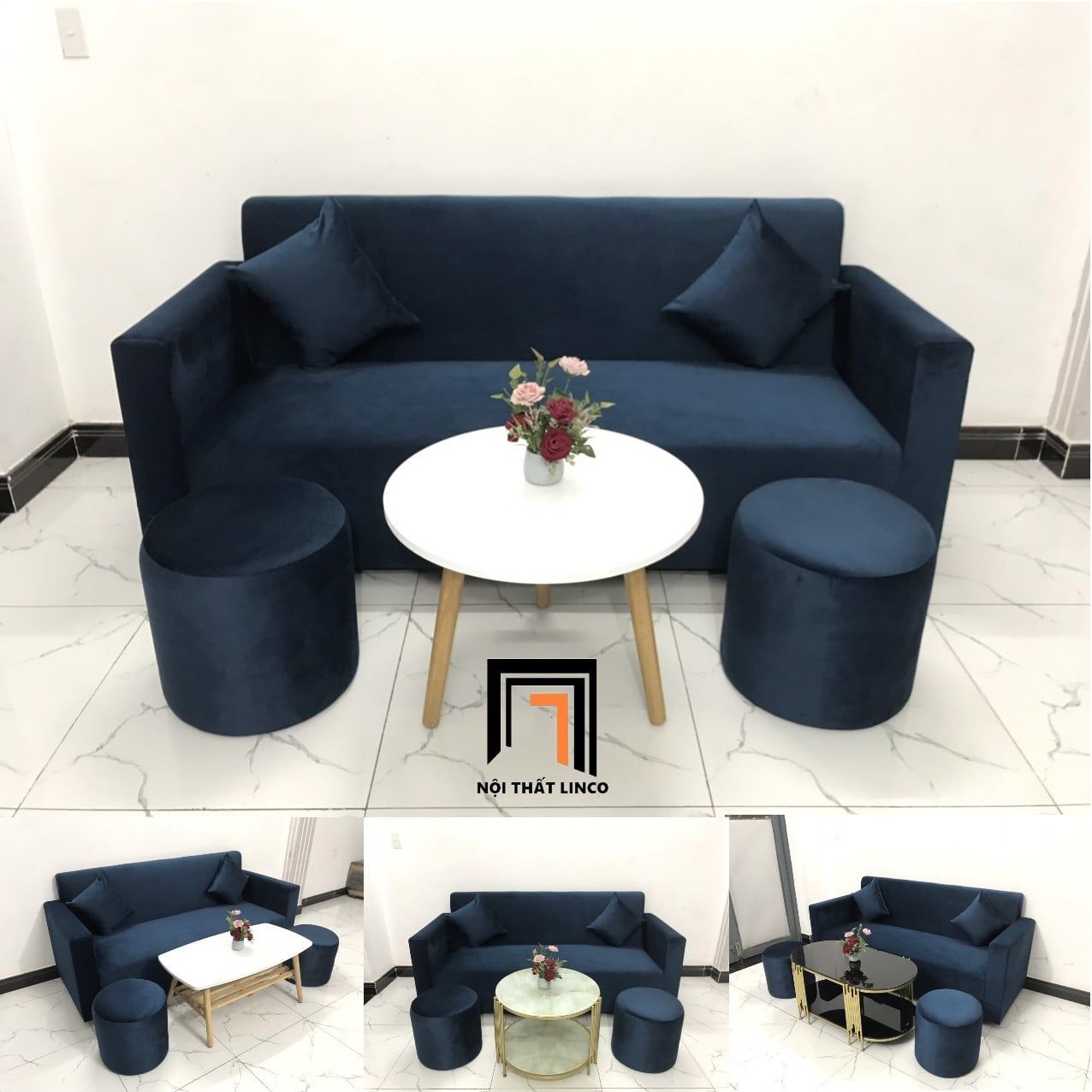  Bộ ghế sofa băng xanh đậm BL4 Pakita vải nhung cho văn phòng 