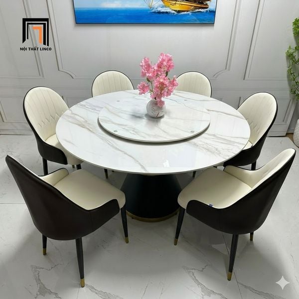 bộ bàn ăn đá tròn xoay 6 ghế