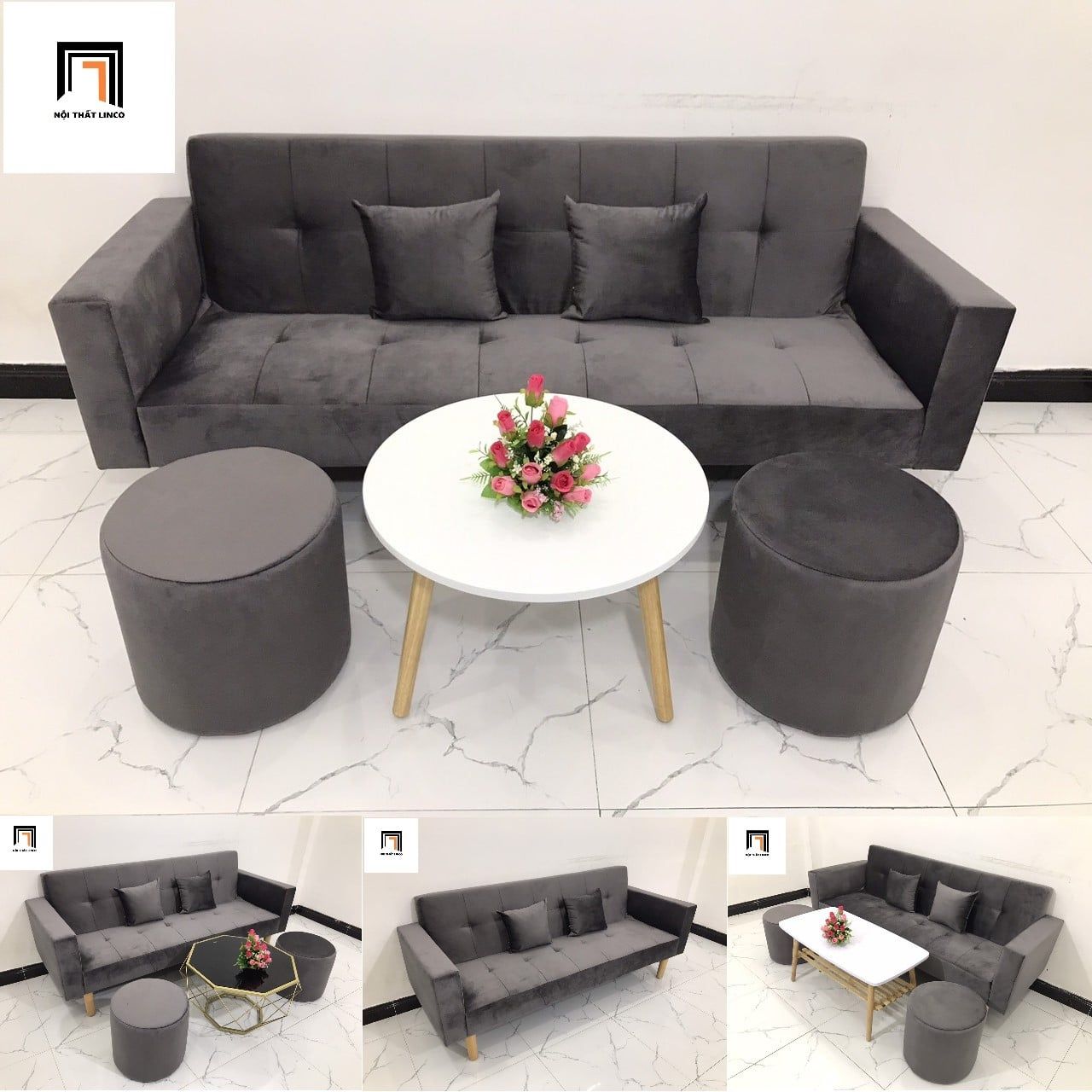  Bộ ghế sofa giường đa năng 2m GBL2 xám đen vải nhung giá rẻ 