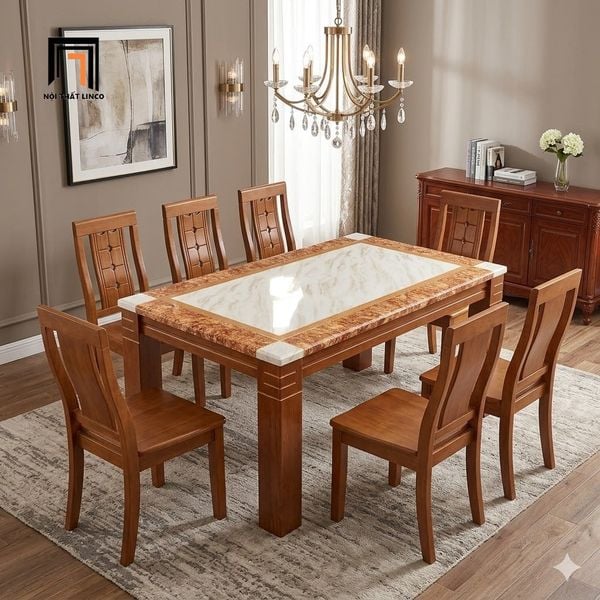 bộ bàn ăn mặt đá dày 1m6 6 ghế