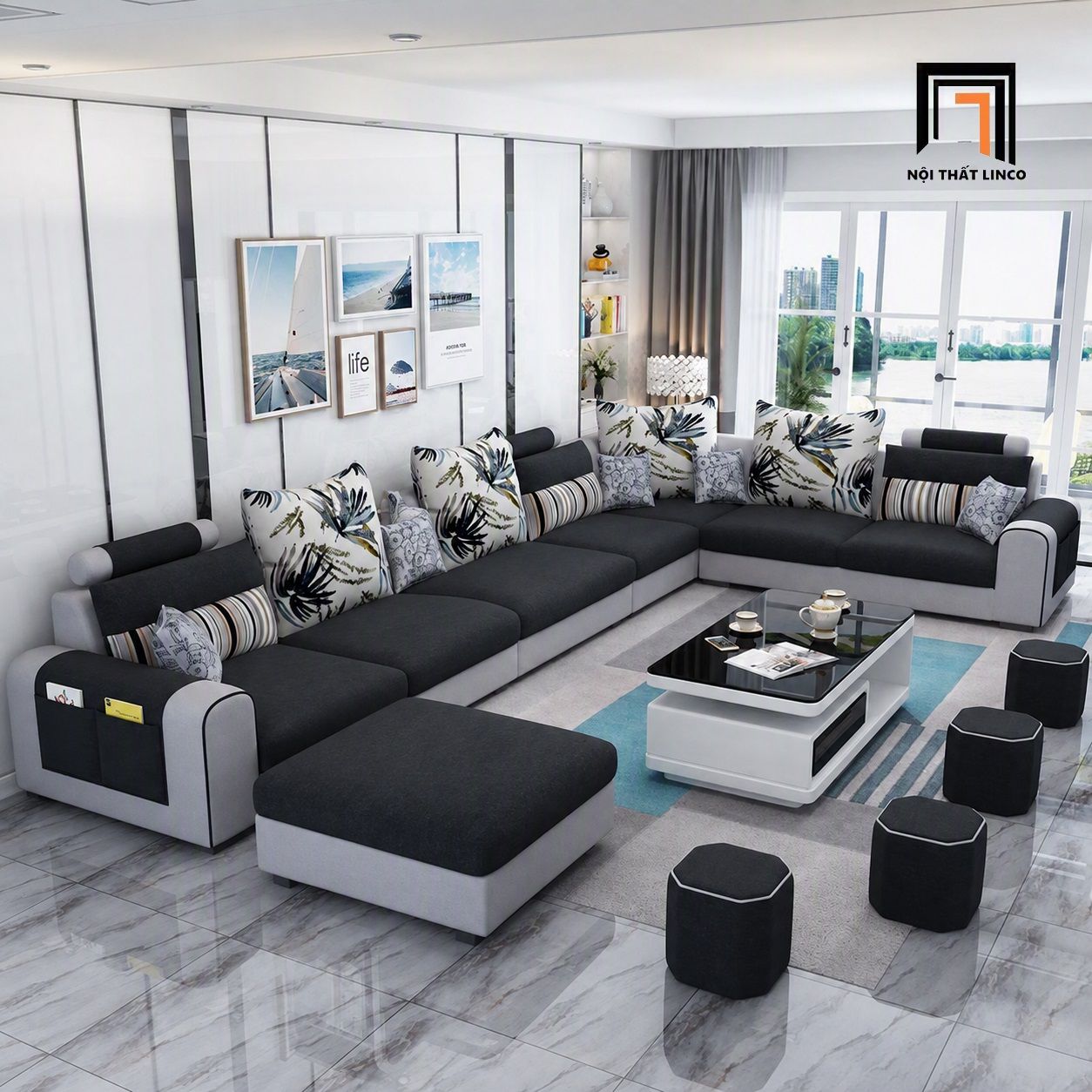  Ghế sofa chữ U UT41 Jiangsu 3m55 thiết kế phối trắng đen 