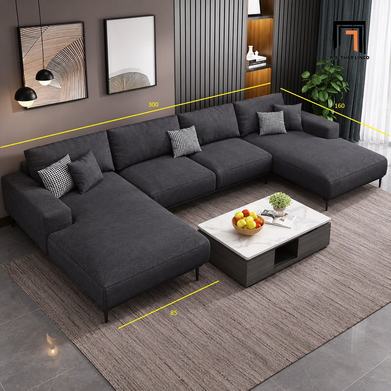  Sofa chữ U UT58 Pesca 3m bọc vải nỉ xám đen giá tốt 