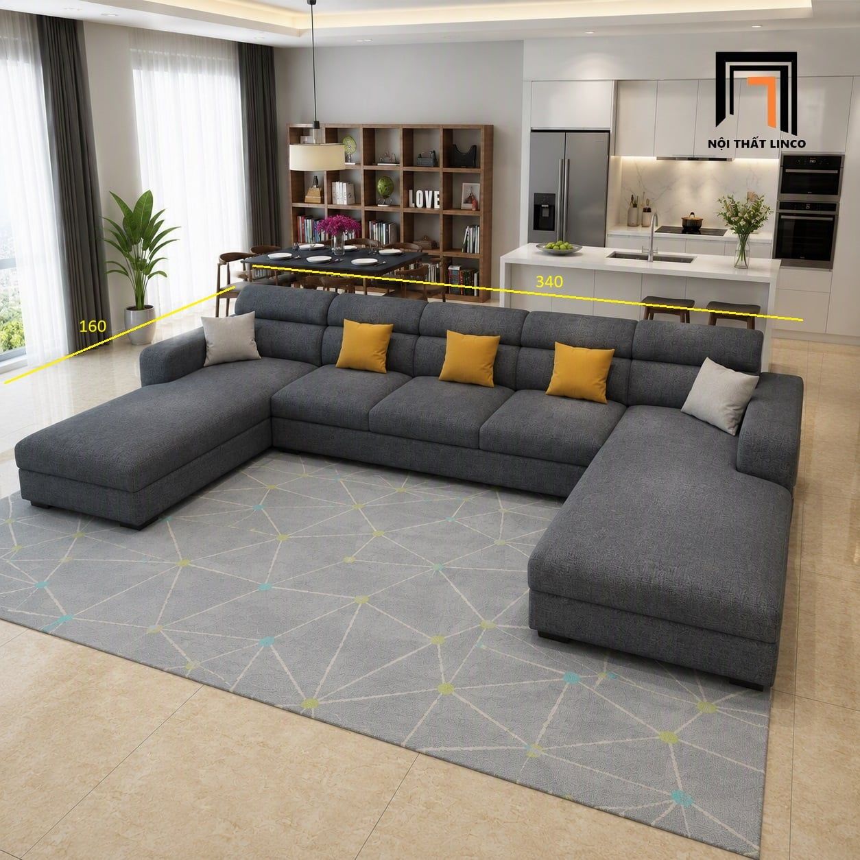  Bộ sofa U xám đậm UT94 Eymet 3m4 thiết kế hiện đại 