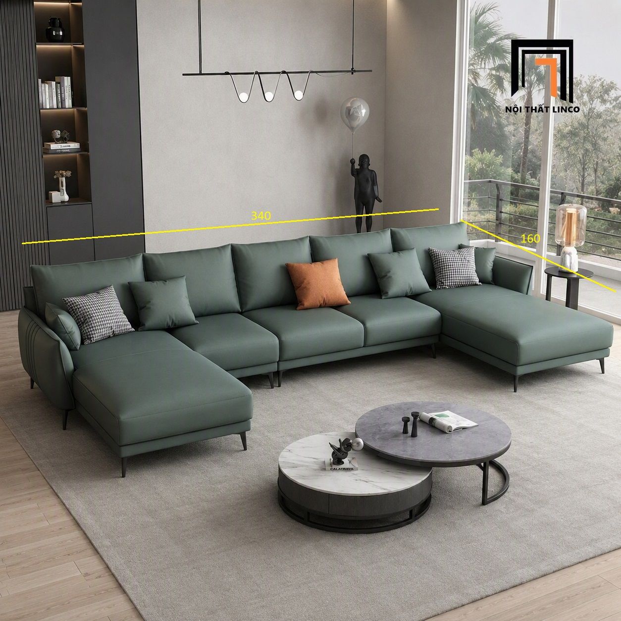  Sofa U xanh lá UT82 Noha dài 3m4 bọc da phong cách hiện đại 
