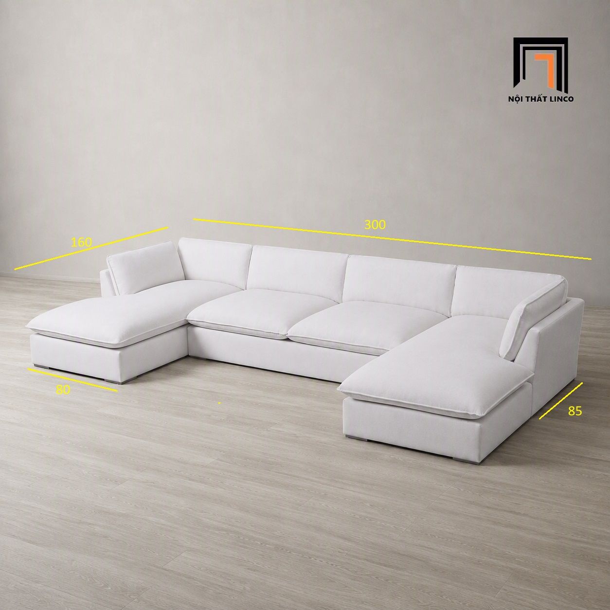  Sofa chữ U vải nhung trắng UT45 Jodar 3m x 1m6 hiện đại 