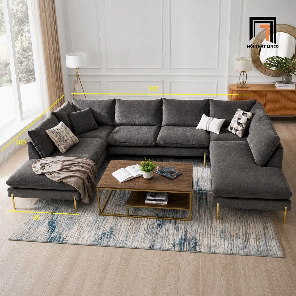  Bộ sofa U giá rẻ UT48 Verona 3m x 2m màu xám đen 