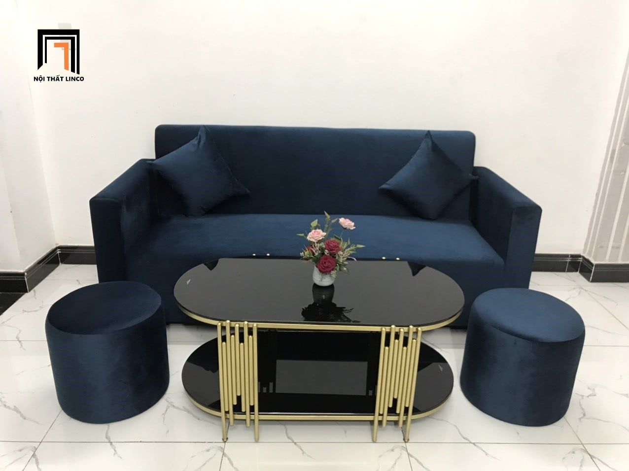  Bộ ghế sofa băng xanh đậm BL4 Pakita vải nhung cho văn phòng 