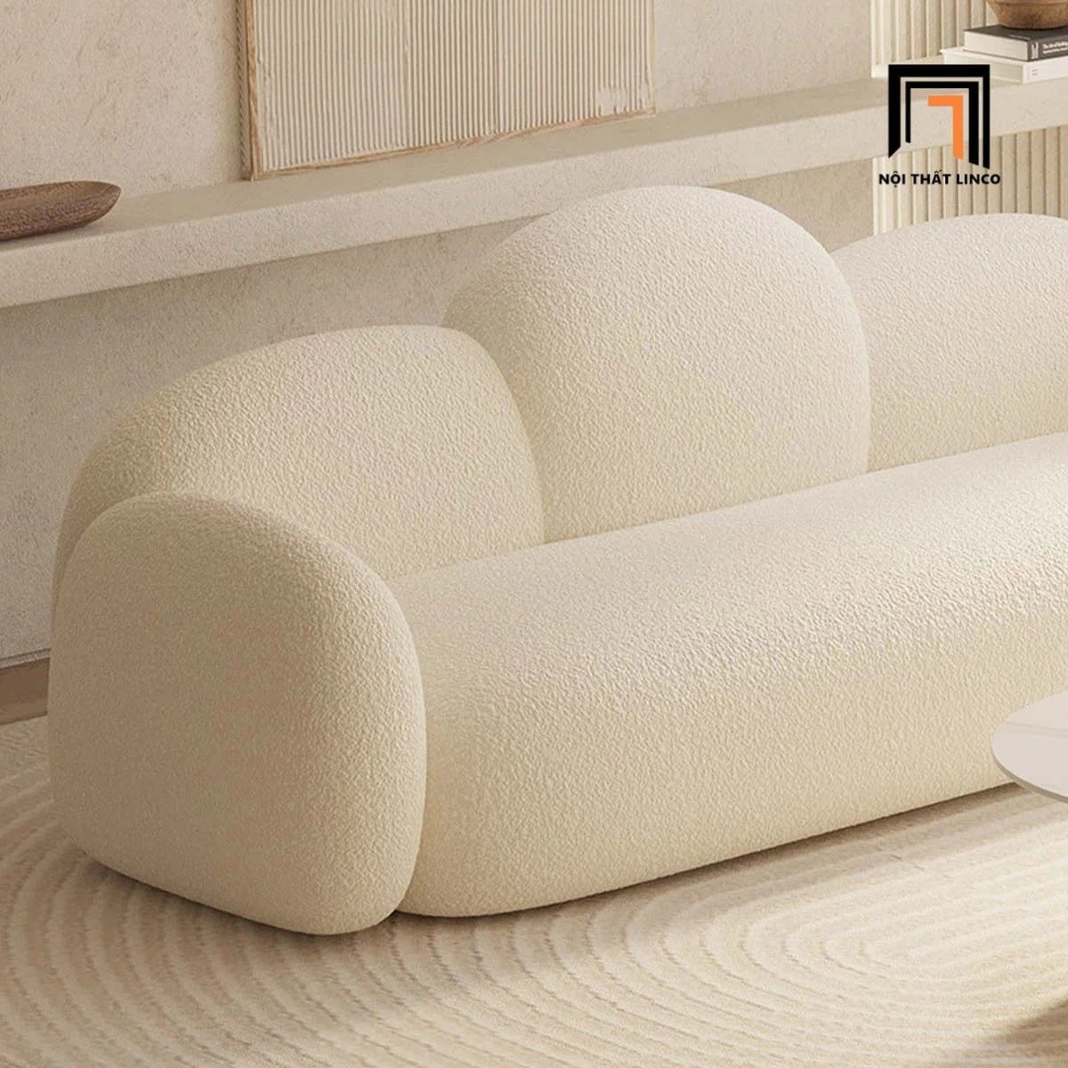  Sofa phòng khách KT87 Tormeau vải lông cừu trắng tinh tế 