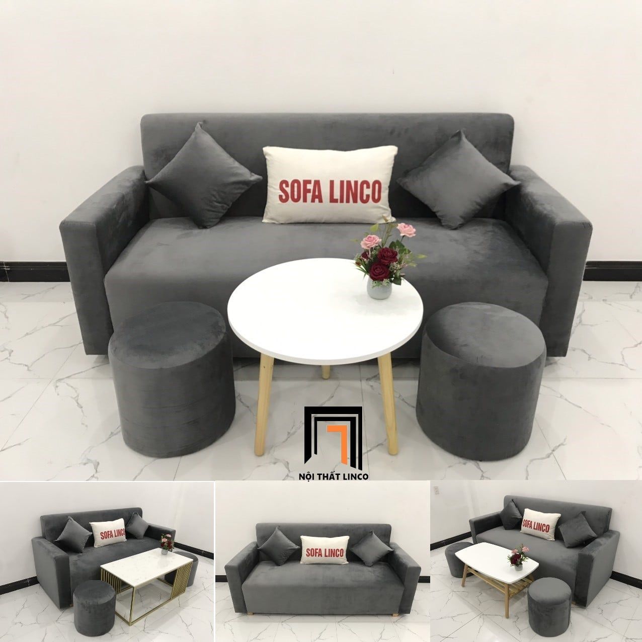  Bộ ghế sofa băng dài 1m9 BL4 Pakita vải nhung màu xám đen 