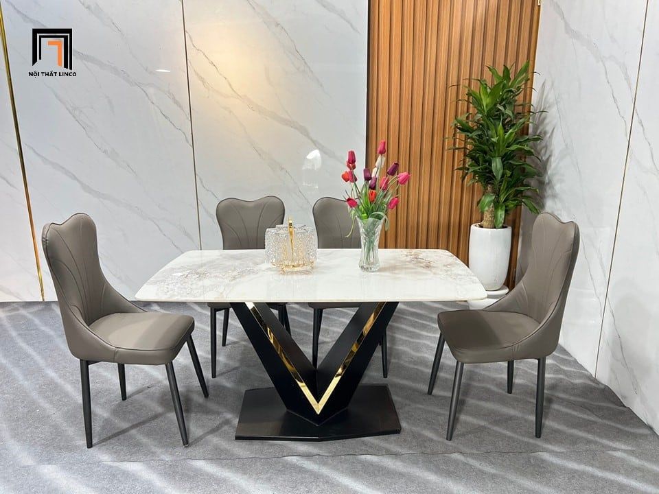  Bộ bàn ghế ăn chữ V hiện đại 14-BAD4-Grever mặt đá ceramic 