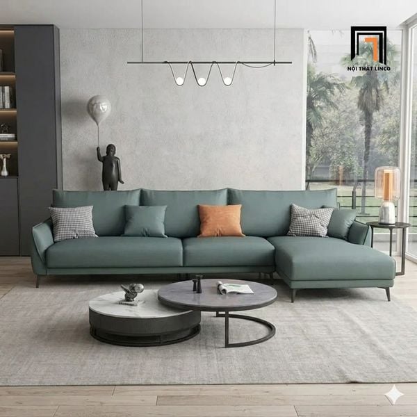 sofa góc da xanh lá