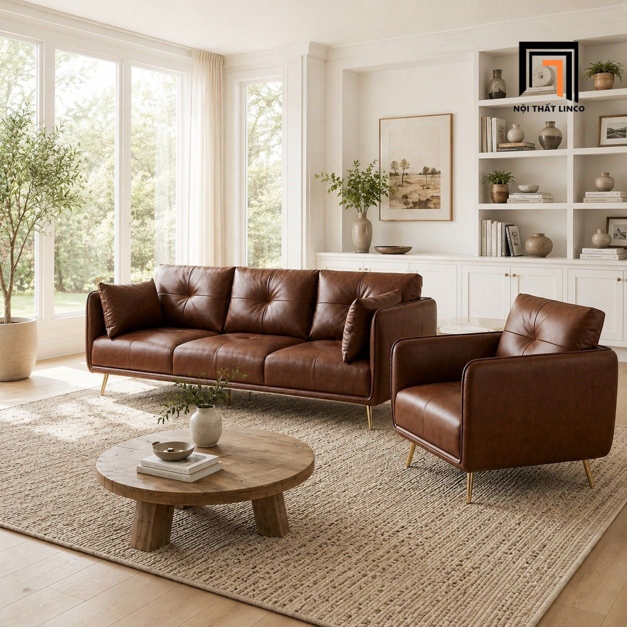  Sofa da PU KT176 Foia màu nâu bóng nổi bật cho phòng khách 