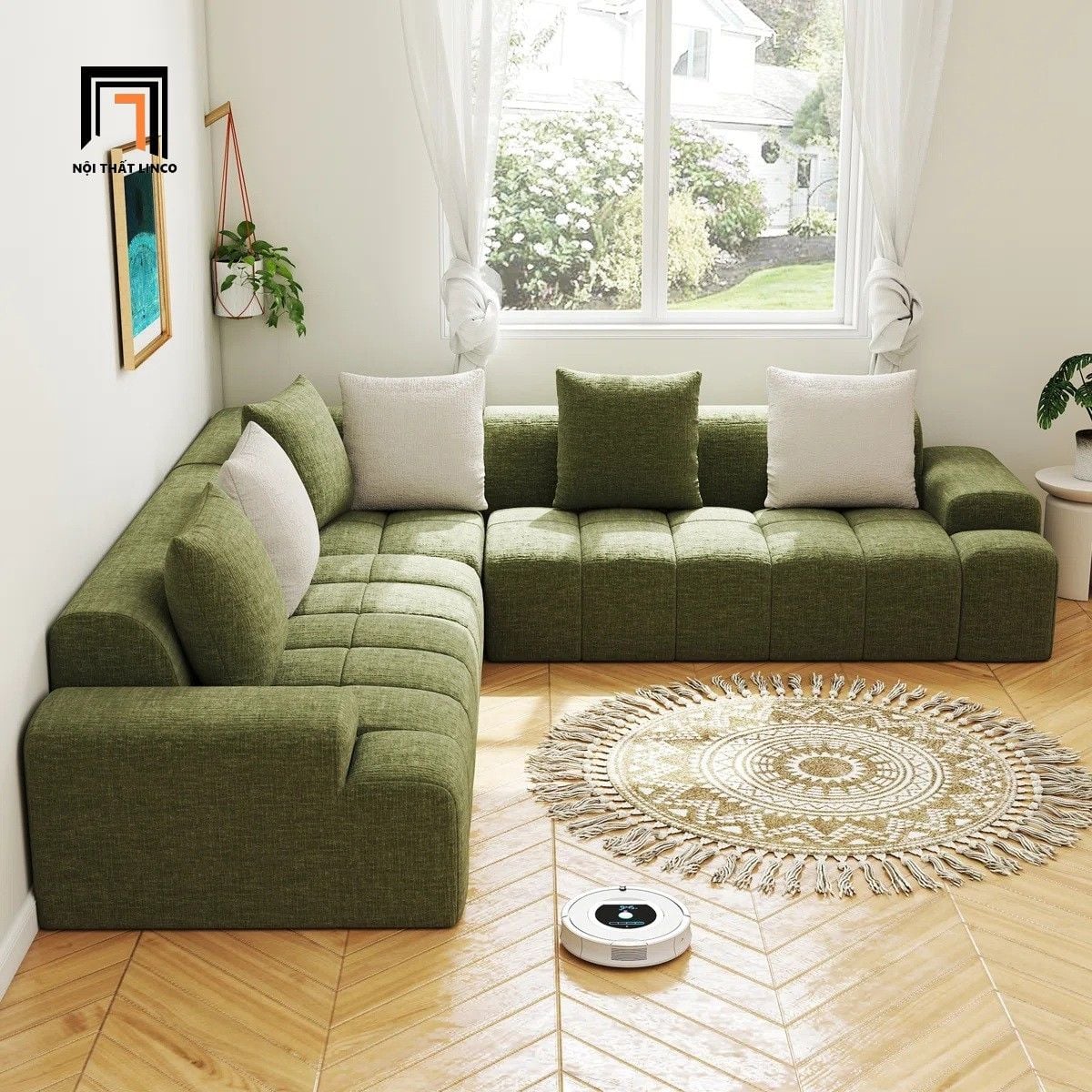  Bộ sofa góc giá rẻ 2m3 x 2m3 GT290 Bram màu xanh lá vải bố 