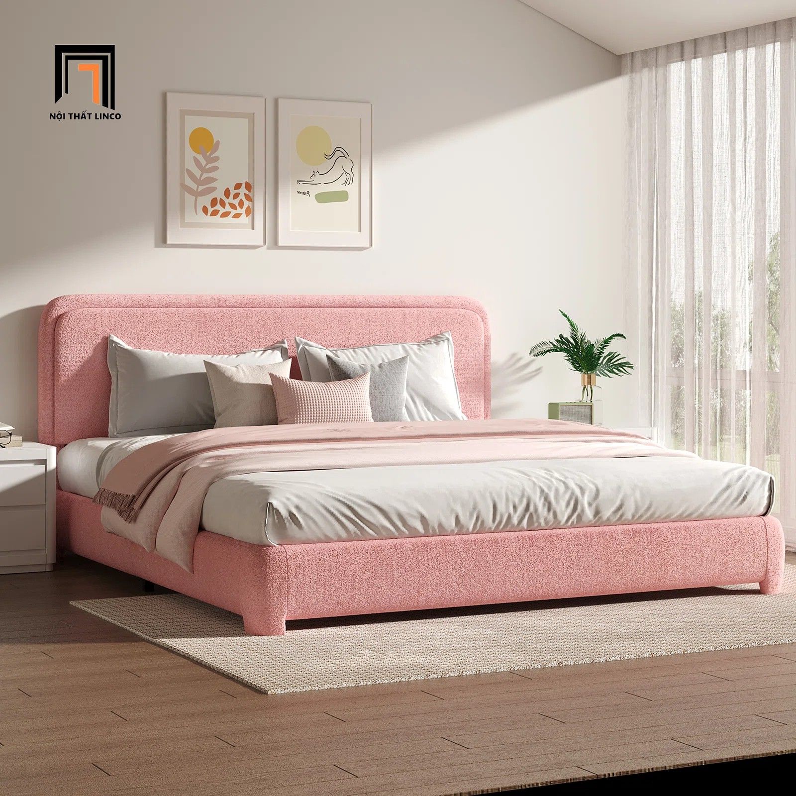  Giường ngủ vải nỉ màu hồng GN89 Mistam xinh xắn cho gia đình 