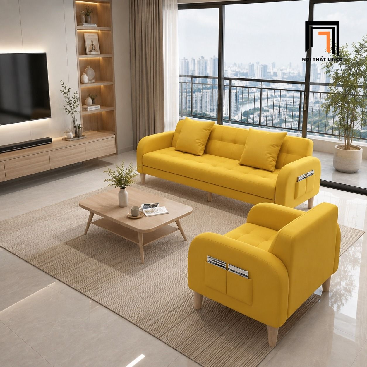  Bộ ghế sofa phòng khách KT107 Leon màu vàng chanh giá rẻ 