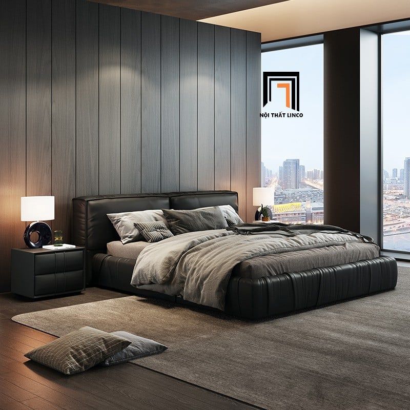  Giường ngủ bọc da Pu đen cao cấp GN101 Carley căn hộ đẹp 