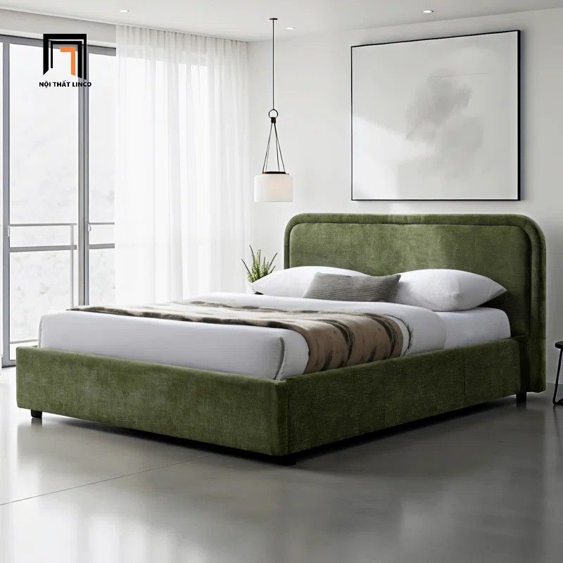  Giường ngủ bọc vải nỉ màu xanh lá GN133 Bixby 1m6 cho gia đình 