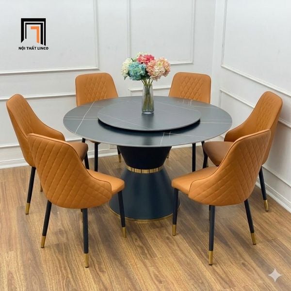 bộ bàn ăn mặt đá tròn đen