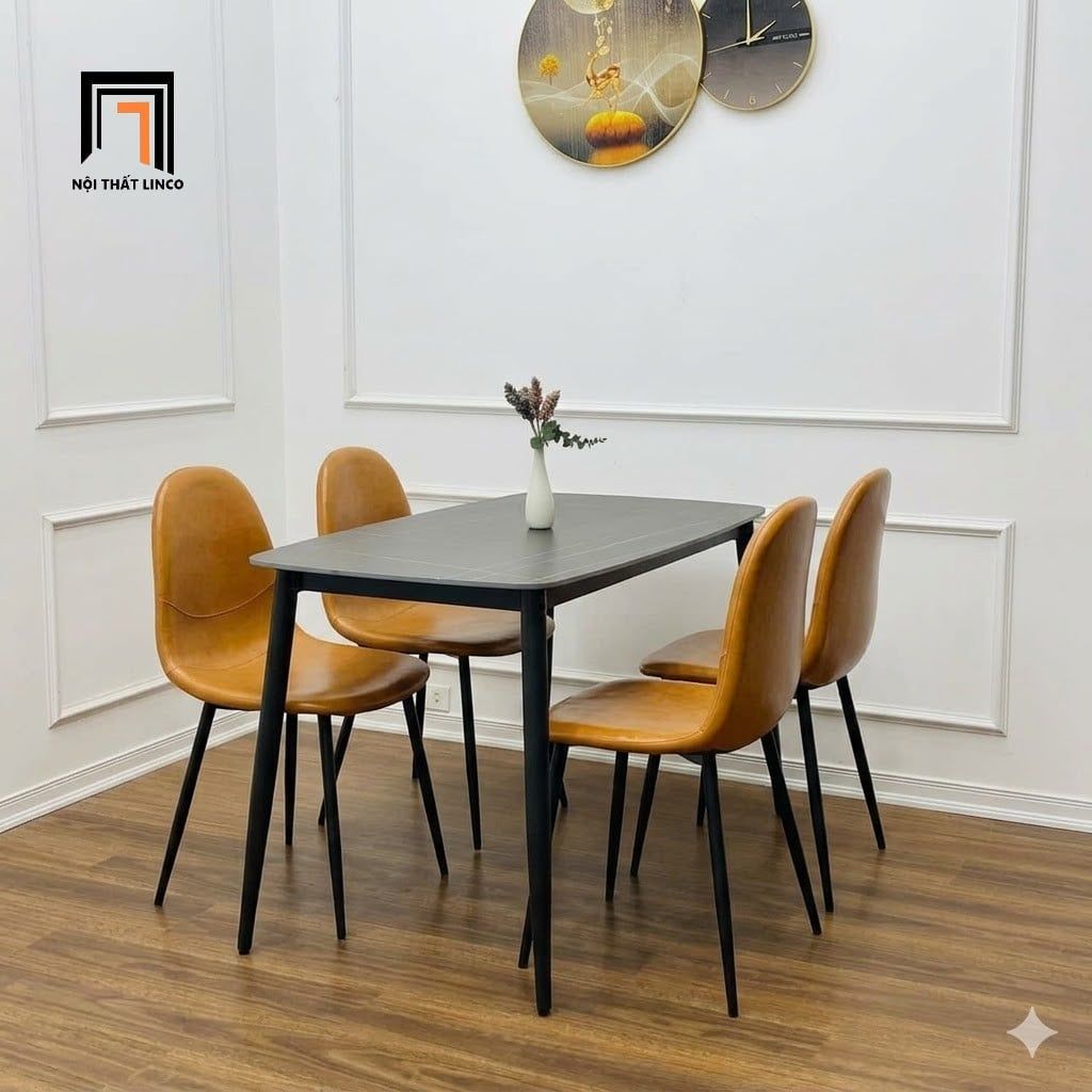  Set bàn ghế ăn nhỏ gọn 33-BAD4-Hunte mặt đá 4 ghế da giả 