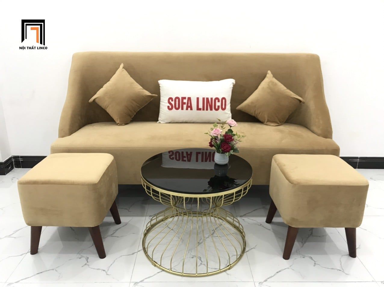  Bộ ghế sofa băng dài vải nhung BL3 Hilo màu be kem đẹp 