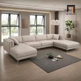  Sofa chữ U UT83 Ellis dài 3m bọc da xám trắng hiện đại 