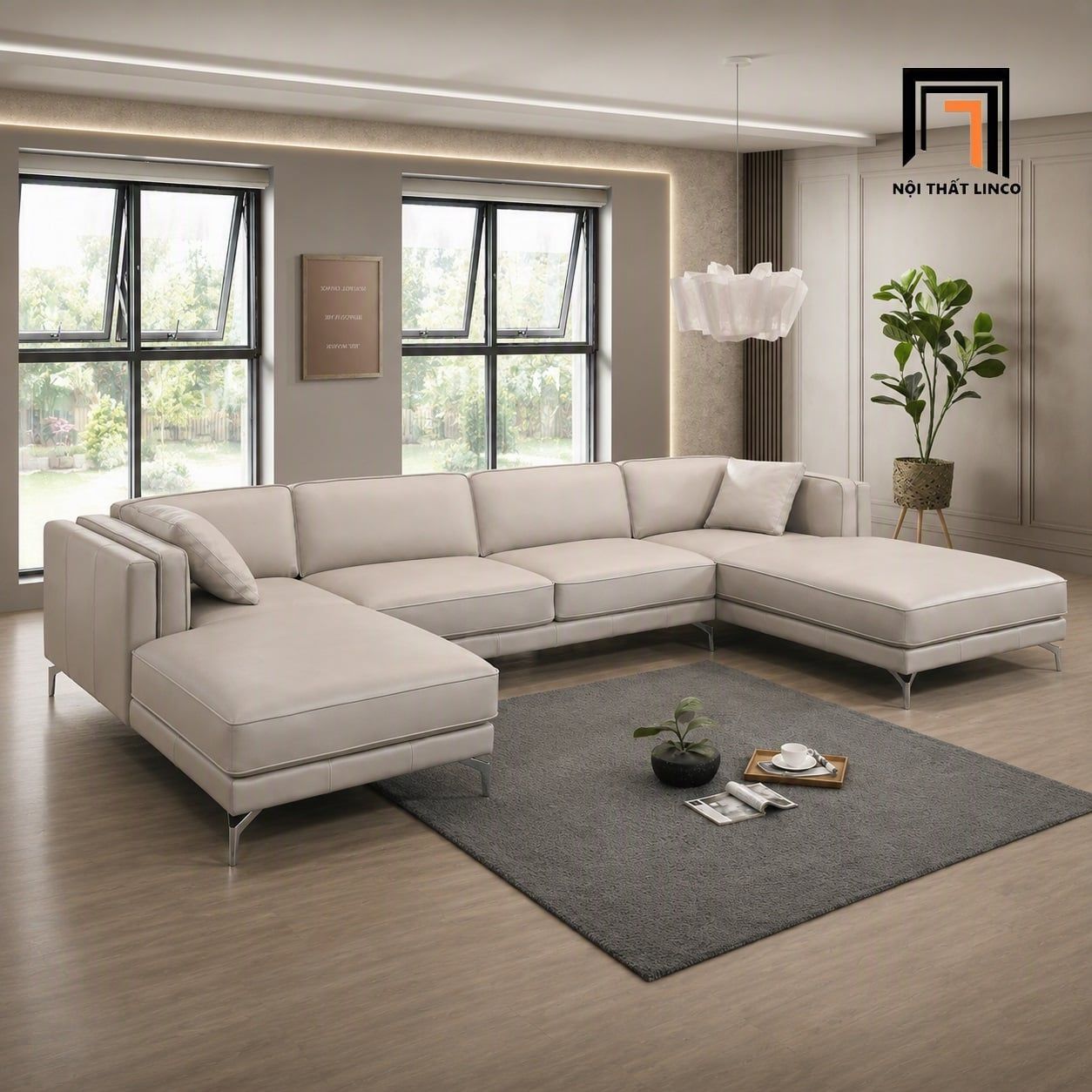  Sofa chữ U UT83 Ellis dài 3m bọc da xám trắng hiện đại 
