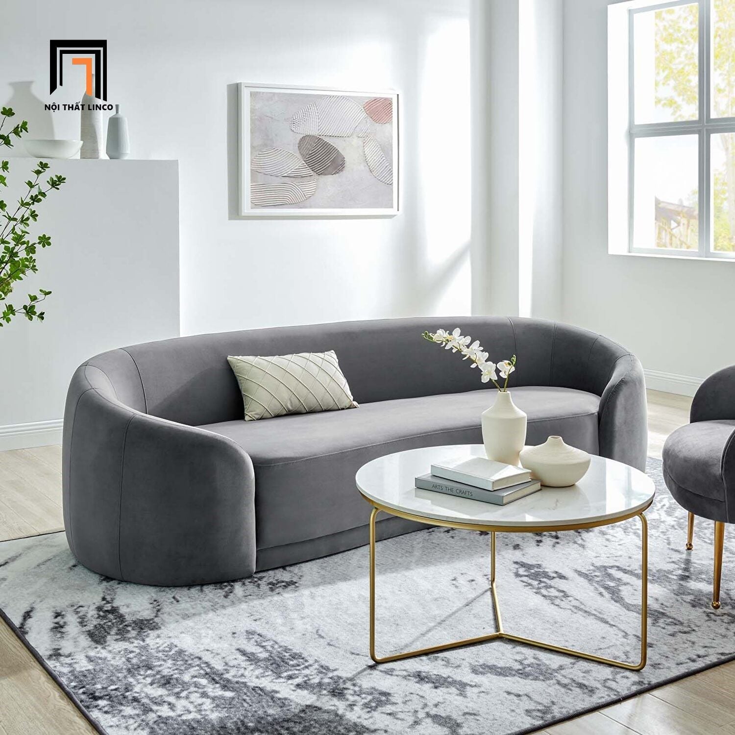  Ghế sofa băng cong vải nhung BT55 Chesterfield 2m2 xám đen 