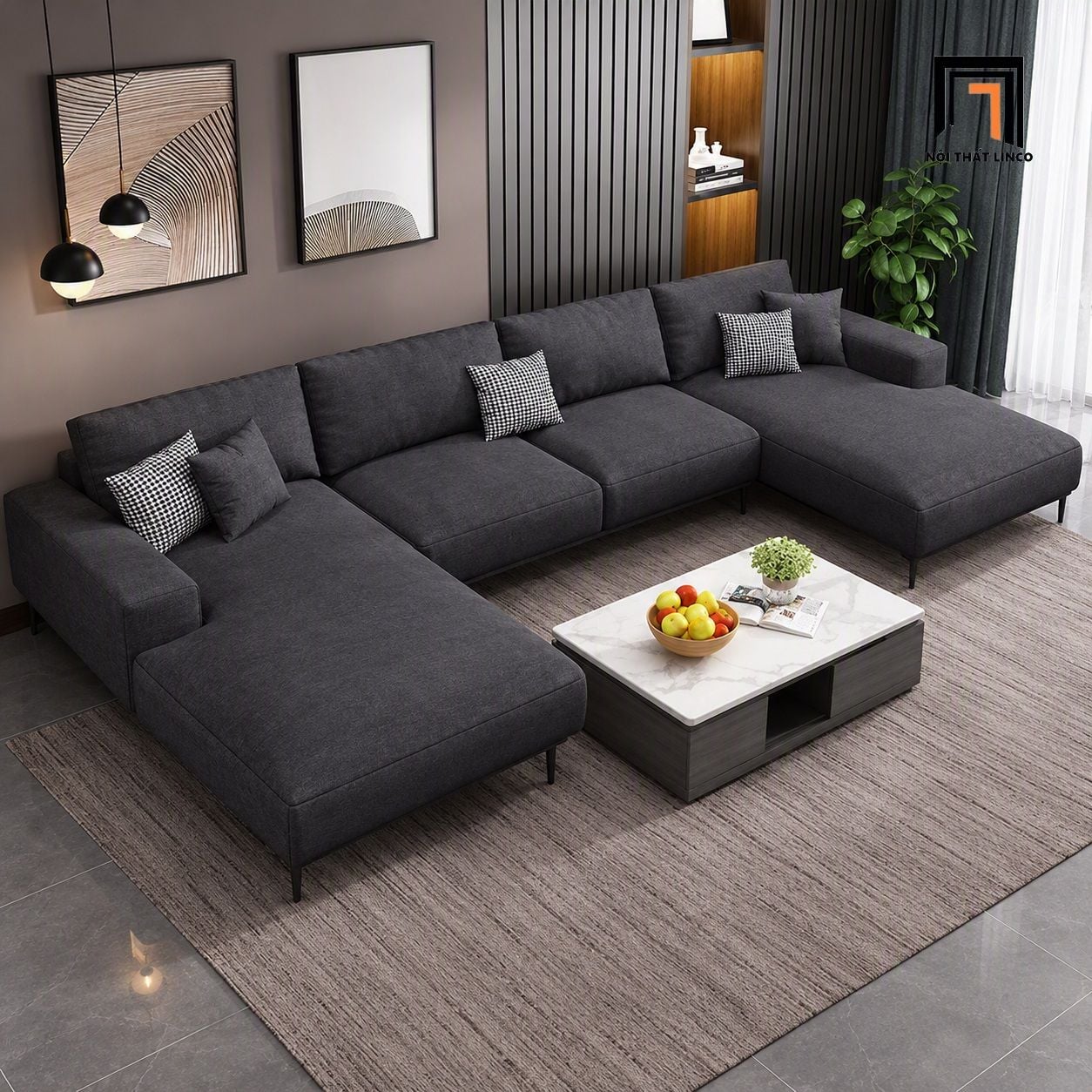  Sofa chữ U UT58 Pesca 3m bọc vải nỉ xám đen giá tốt 