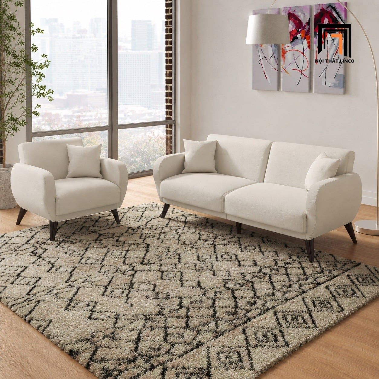  Bộ sofa KT192 Sofox vải nhung trắng kem đẹp tinh tế 