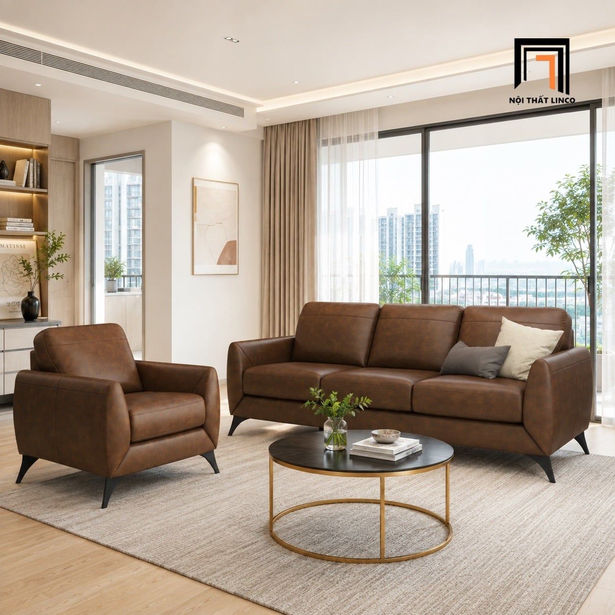  Sofa KT199 Ahmara da PU nâu phù hợp phòng khách chung cư 