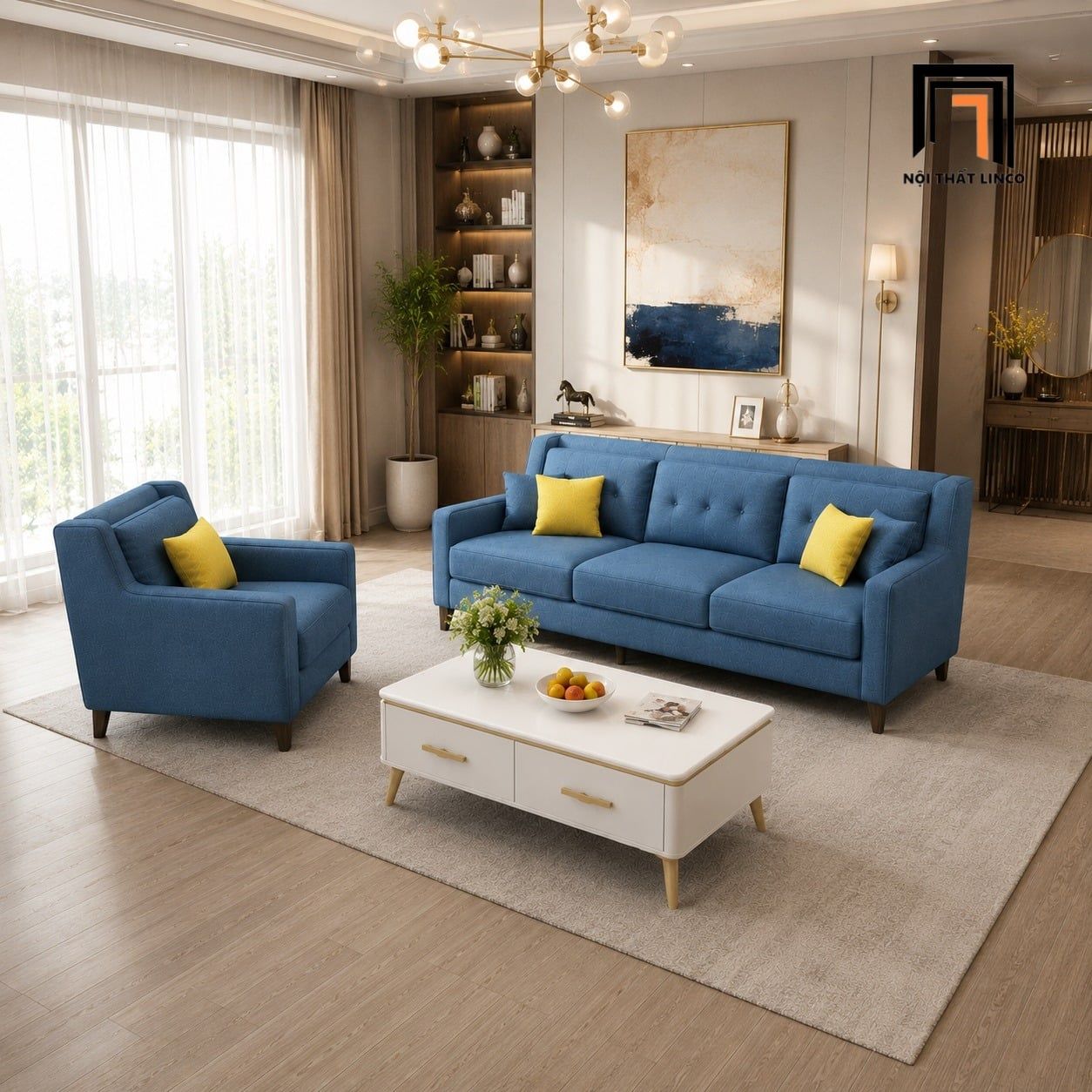  Bộ sofa KT95 Firmini màu xanh dương đẹp cho phòng khách 