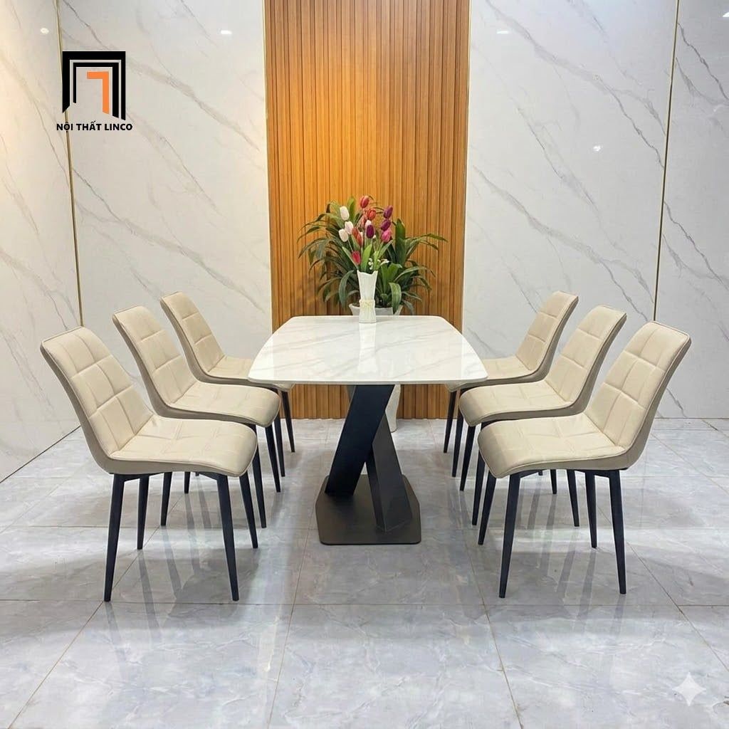 Bàn ăn 6 ghế da giả 26-BAD6-Kolani bàn mặt đá trắng 1m4 1m6 