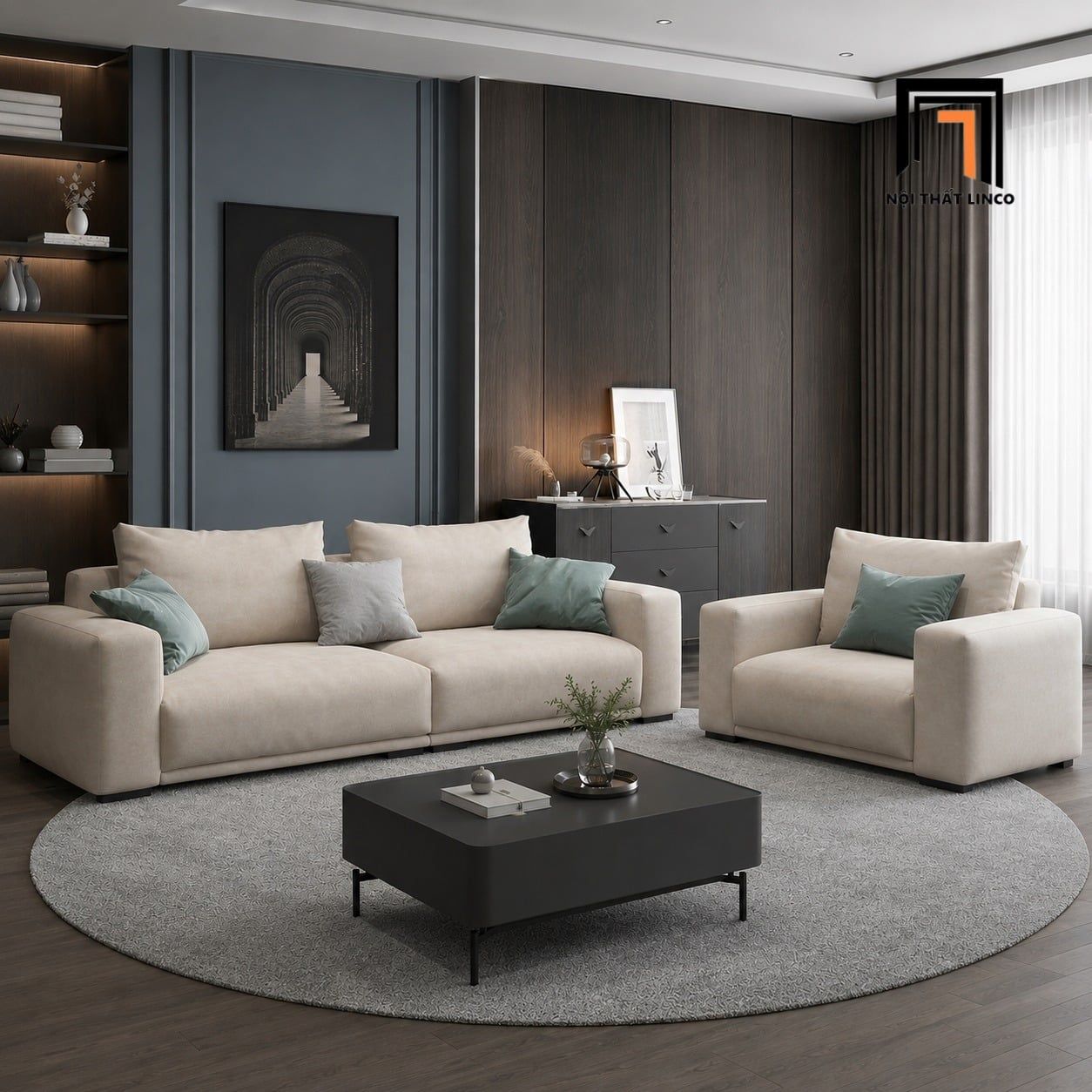  Sofa phòng khách giá rẻ KT184 Omaha màu xám trắng tinh tế 