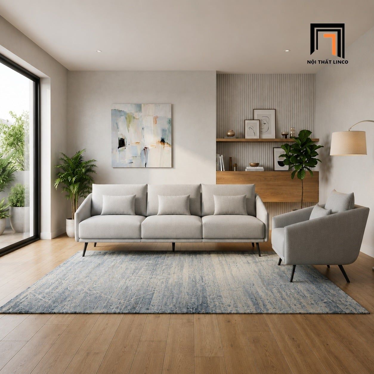  Sofa phòng khách KT156 Convey vải nỉ xám trắng sang trọng 