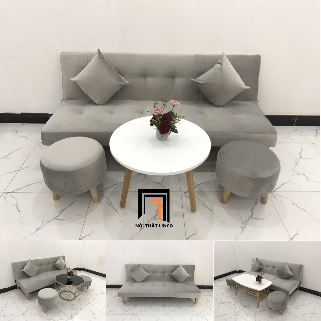  Ghế sofa giường thông minh xám vải nhung GBL1 giá rẻ xám trắng 